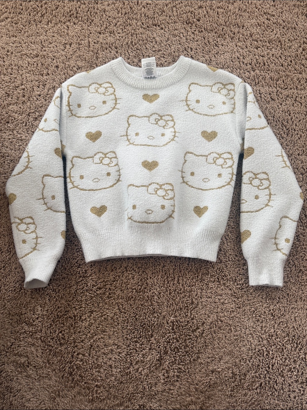 Hello Kitty White Sweater with Gold Heart and Kitty Motifs